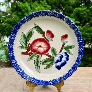Vintage Blue Spongeware Floral Pie Plate